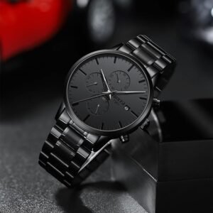 Men's Watches Analog Minimalist Black Dial Watches for Men Business Chronograph Casual Watches with Stainless Steel Strap Date